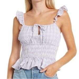 WAYF Purple Gingham Seersucker Smocked Ruffled Crop Top